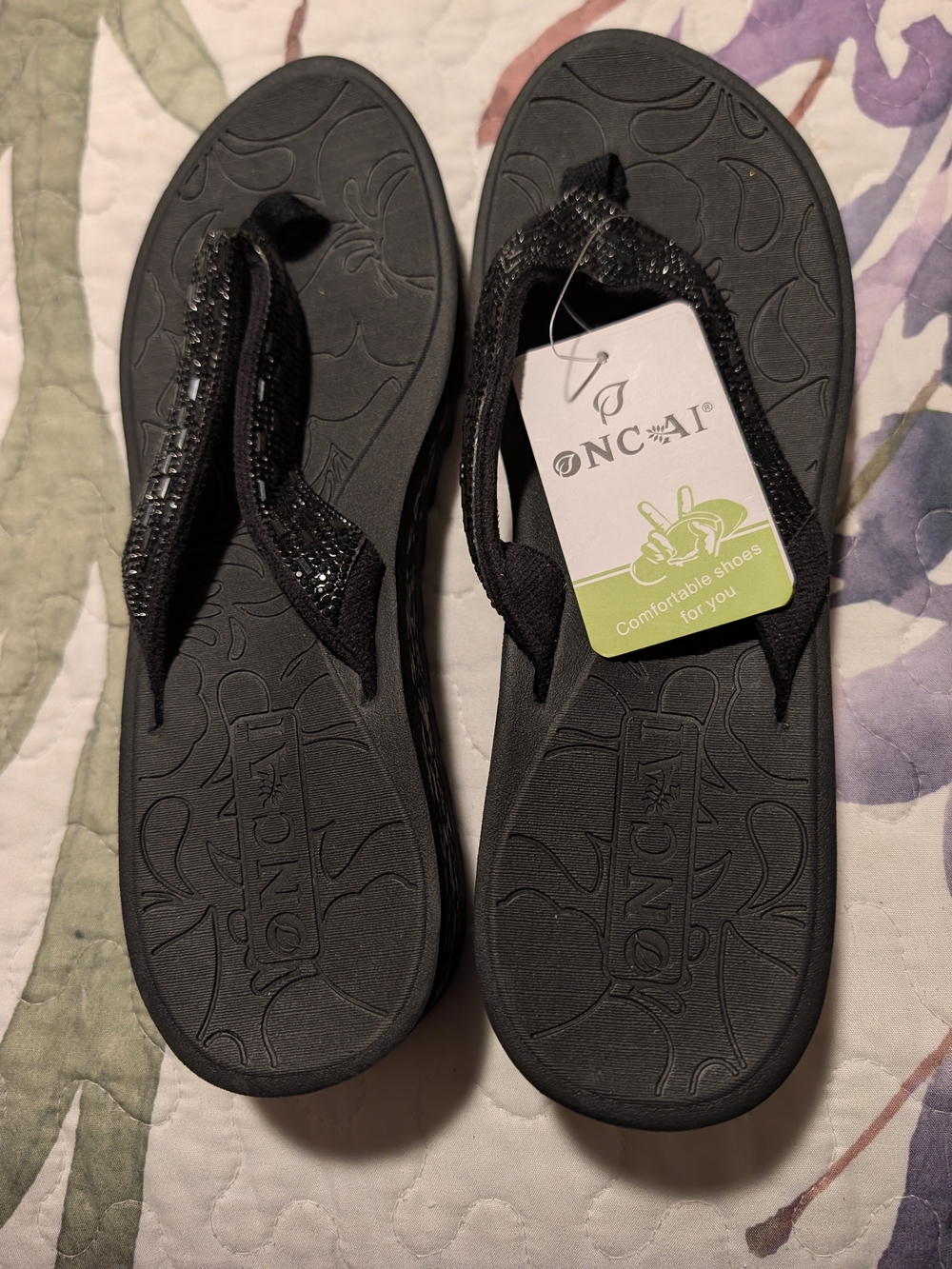 ONCAI Black Sparkle Women's Comfort Thong Sandals